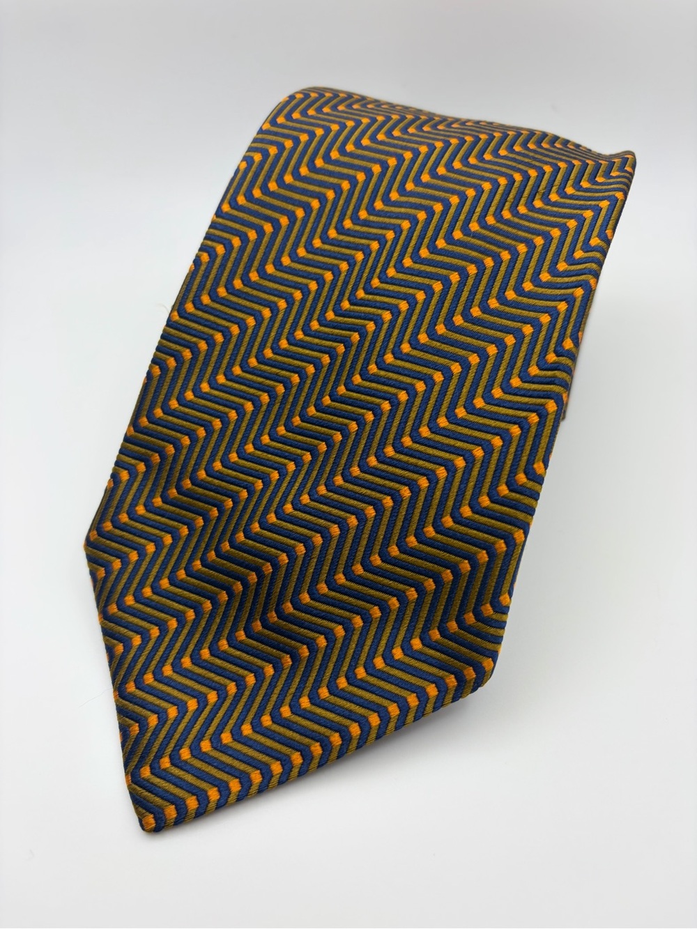 Altea Milano 100% Silk Tie Blue Orange Olive Geometric Chevron Made Italy